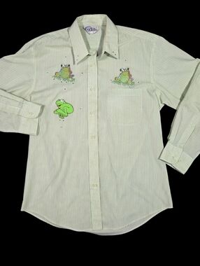 Las Olas Frogs Button-Up Shirt Vertical Striped Rhinestones Green Womens Small